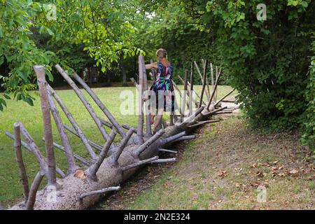 Sensory and barefoot path in the spa gardens of Bad Sebastiansweiler, woman barefoot on tree trunk, Moessingen, Baden-Wuerttemberg, Germany Stock Photo