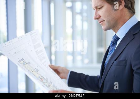 His vision is coming to life. a mature businessman looking at blueprints while standing near a window. Stock Photo