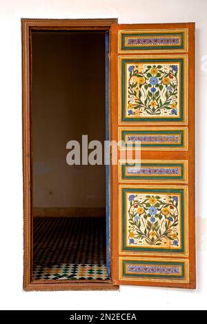 Precious wooden doors in the Palais de la Bahia, Marrakech, Morocco Stock Photo