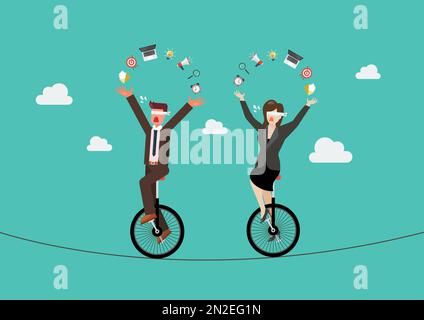 Blind businessman and woman riding unicycle on a wire. Business risk concept. vector illustration Stock Vector