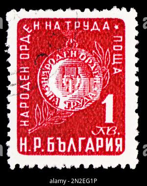 MOSCOW, RUSSIA - FEBRUARY 4, 2023: Postage stamp printed in Bulgaria shows Order of Labor Reverse of Medal, serie, circa 1952 Stock Photo