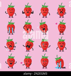Strawberry character emoji set. Funny cartoon emoticons Stock Vector
