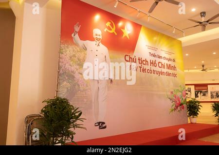 Hanoi, Vietnam, January 2023.  the portrait of Ho Chi Minh on a billboard inside an exhibition dedicated to the Vietnamese leader Stock Photo