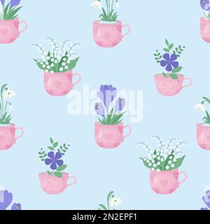 Spring floral seamless pattern. Bouquet flowers of snowdrop, May lilies of the valley, purple crocuses and periwinkle in cups on light blue background Stock Vector