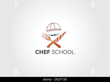 Food logo. Logo for Cooking school class with icon bbq tools, grill fork, spatula, text typography Cooking School, Cuisine. Stock Vector