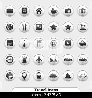 Set of different travel icons in round buttons, vector eps10 illustration Stock Vector