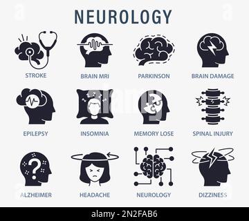 Neurology icons, such as Alzheimer, Parkinson, insomnia, headache and more. Isolated vector illustrations. Stock Vector