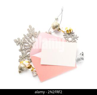 Blank greeting card and Christmas decor on white background, top view. Space for text Stock Photo