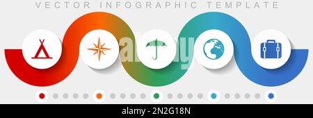 Adventure infographic vector template with icon set, miscellaneous icons such as tent, navigation, umbrella, globe and case for webdesign and mobile a Stock Vector