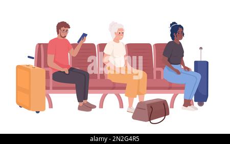 Passengers waiting for train and bus in waiting room semi flat color vector characters Stock Vector