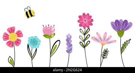 Set flowers with smile bee. Cute spring garden and nature elements for girls, isolated on white for greeting cards, Easter, Mothers Day Stock Vector