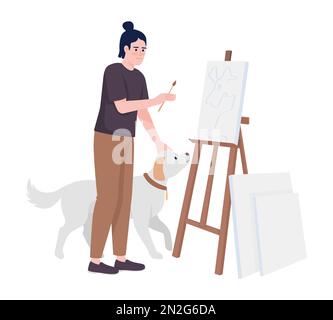 Happy guy petting dog and painting on canvas semi flat color vector character Stock Vector