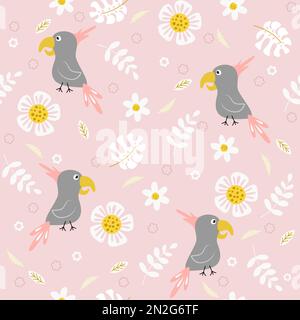 Seamless pattern with tropical birds and plants, cartoon flat style. Colorful summer background Stock Vector