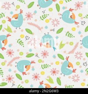 Seamless pattern with tropical birds and plants, cartoon flat style. Stock Vector