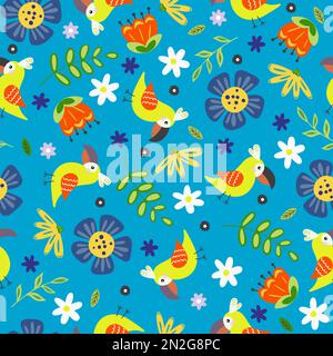 Cute seamless pattern with bright parrots and tropical flora Stock Vector