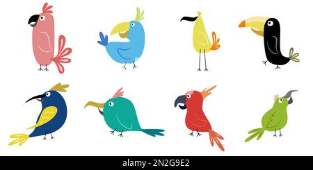 Funny cartoon birds. Collection of illustration  parrots Stock Vector