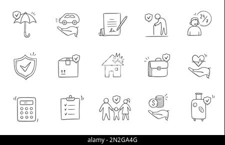 Insurance doodle icon set. Hand drawn sketch life shield, insurance umbrella, medical safety icon set. Health safety, car accident, house protect vector illustration. Stock Vector
