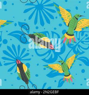 Hummingbirds and avian animals with colorful plumage and feathers. Tropical and exotic flora and fauna, foliage and leaves. Seamless pattern, backgrou Stock Vector