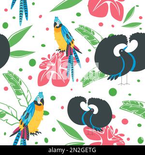 Tropical and exotic avian animals and foliage. Leaves and blooming flowers. Parrots with colorful feathers and plumage. Seamless pattern, background w Stock Vector