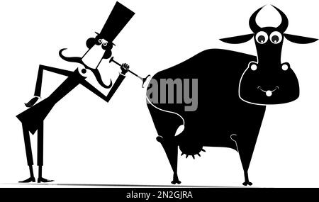 Veterinarian and cow illustration. Funny long mustache man in the top hat is examining a smiling cow by endoscope black on white Stock Vector