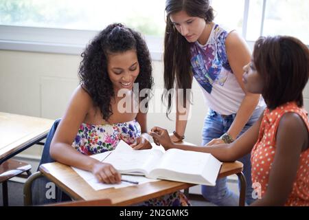 Researching their assignment. a group of female college students reading through textbooks together. Stock Photo