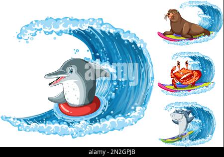 Sea animals surfing cartoon character illustration Stock Vector