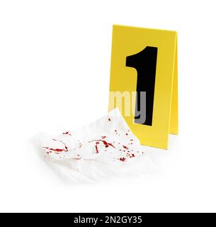Bloody napkin and crime scene marker on black slate table Stock Photo ...
