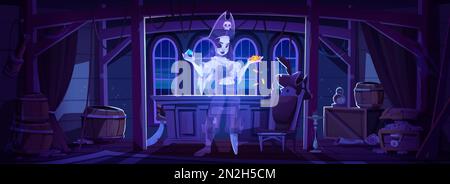 Pirate ghost in cabine on ship at night. Abandoned room with spooky captain corsair holding coin. Scary dark interior halloween vector background cartoon illustration with female character. Stock Vector