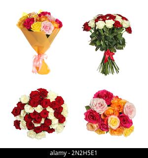 Set of beautiful rose bouquets on white background Stock Photo