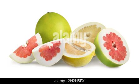 Cut and whole fresh pomelo fruits on white background Stock Photo