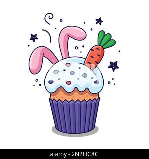 Easter cake with rabbits ears and carrot in cartoon style. Easter bakery with bunny ears. Hand drawn Easter hare cake. Stock Vector