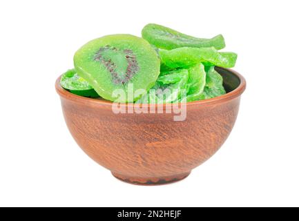 Dry kiwi slices in a ceramic bowl isolated on white background Stock Photo