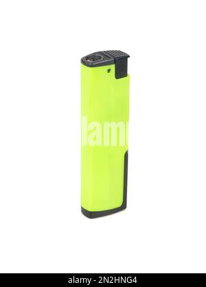 Green plastic lighter isolated on white background. Stock Photo