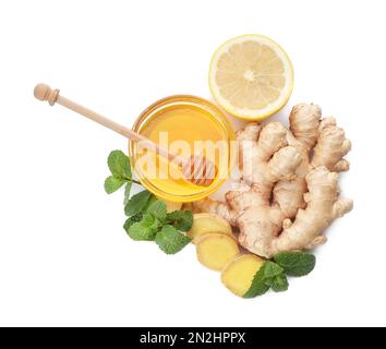 Composition with different natural antibiotics on white background, top view Stock Photo