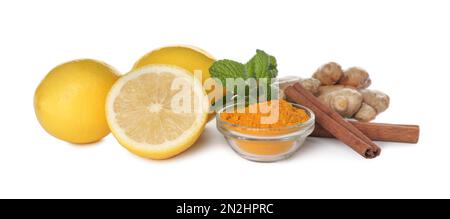 Composition with different natural antibiotics on white background Stock Photo