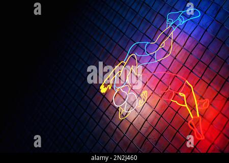 3D illustration of a neon sign with two Greco-Roman wrestlers in red and blue uniforms fighting against a black wall Stock Photo