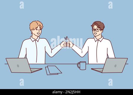 Two man managers bang their fists celebrating successful completion of deal. Guys in white shirts stand near table with laptops saying goodbye after finishing work Stock Vector