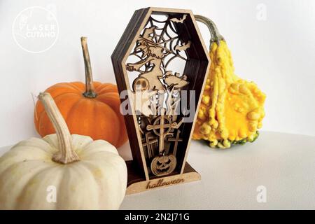 HALLOWEEN COFFIN Digital multilayer layout files are specially prepared for the laser cut, CNC router machine and other cutting machines. Stock Vector