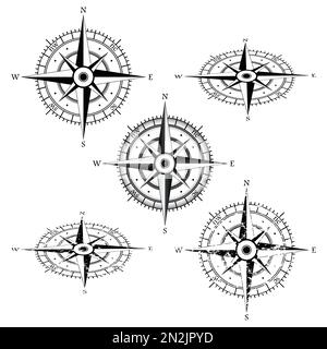 Windroses solid and grunge set Stock Vector