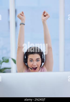 Success, winner or woman in call center excited with telemarketing sales target or goals with fists up. Wow, CRM communication or happy consultant Stock Photo