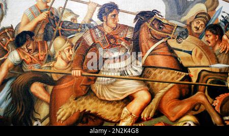 ALEXANDER THE GREAT  (356 BC- 323 BC) in a copy of the mosaic at the National Archaeological Museum in Naples,Italy. Stock Photo