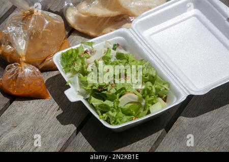 Indonesian salad with lettuce and steamed vegetables served with a peanut sauce dressing, take away package Stock Photo