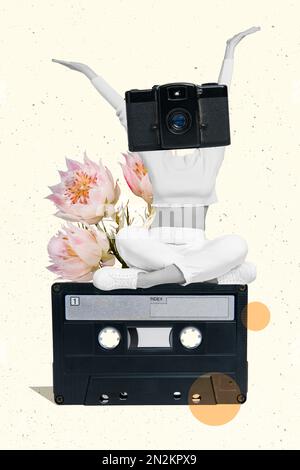 Creative minimalistic collage photo poster postcard picture of glad lovely girl camera instead face isolated on painted background Stock Photo