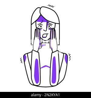 Frightened lady, emotion of fear. Afraid half body woman line drawing, horror panic mood, dread, cover her face with hands. Line art with purple spots Stock Vector
