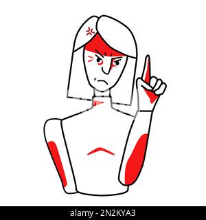 Angry woman, annoyed emotion. Irritated half body female line drawing with red spots, evil mood maiden, threatened with a finger. Give a lesson. Stock Vector
