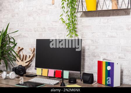 Desk with keyboard and other items in modern office. Home workplace concept. freelance jobs Stock Photo