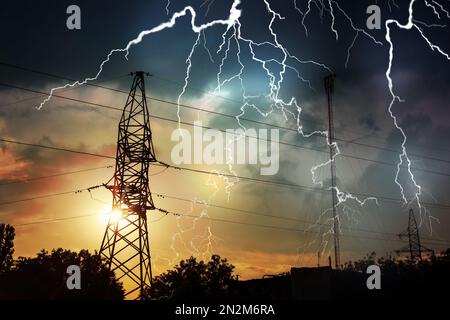 Picturesque lightning storm over high voltage towers Stock Photo