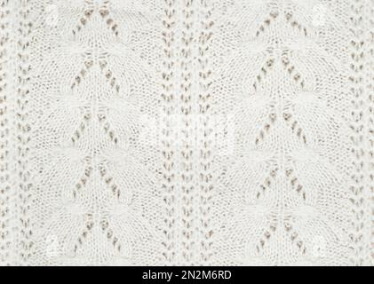 Seamless pattern of milk white knitted ornament. Natural woolen sweater. Soft beige yarn fiber. Stock Photo