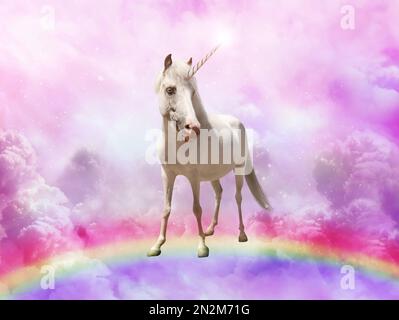 Magic unicorn in beautiful sky with rainbow and fluffy clouds. Fantasy ...