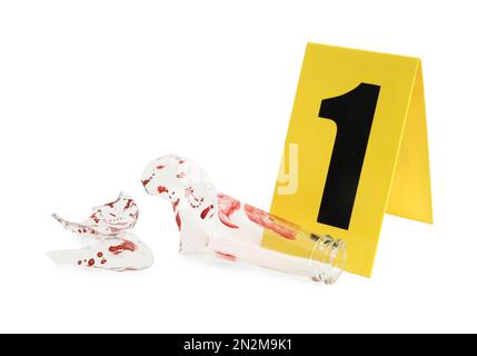 Bloody broken bottle and crime scene marker with number one isolated on white Stock Photo